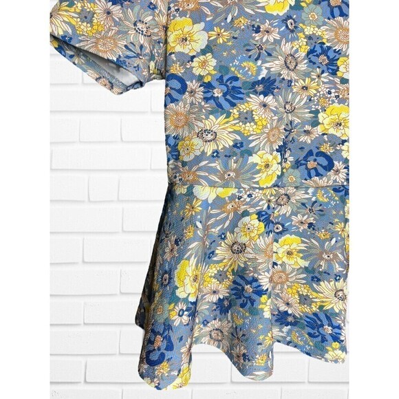 Shein Grey Yellow Floral‎ Print Round Neck Casual Peplum Top Womens Size medium - Picture 2 of 7